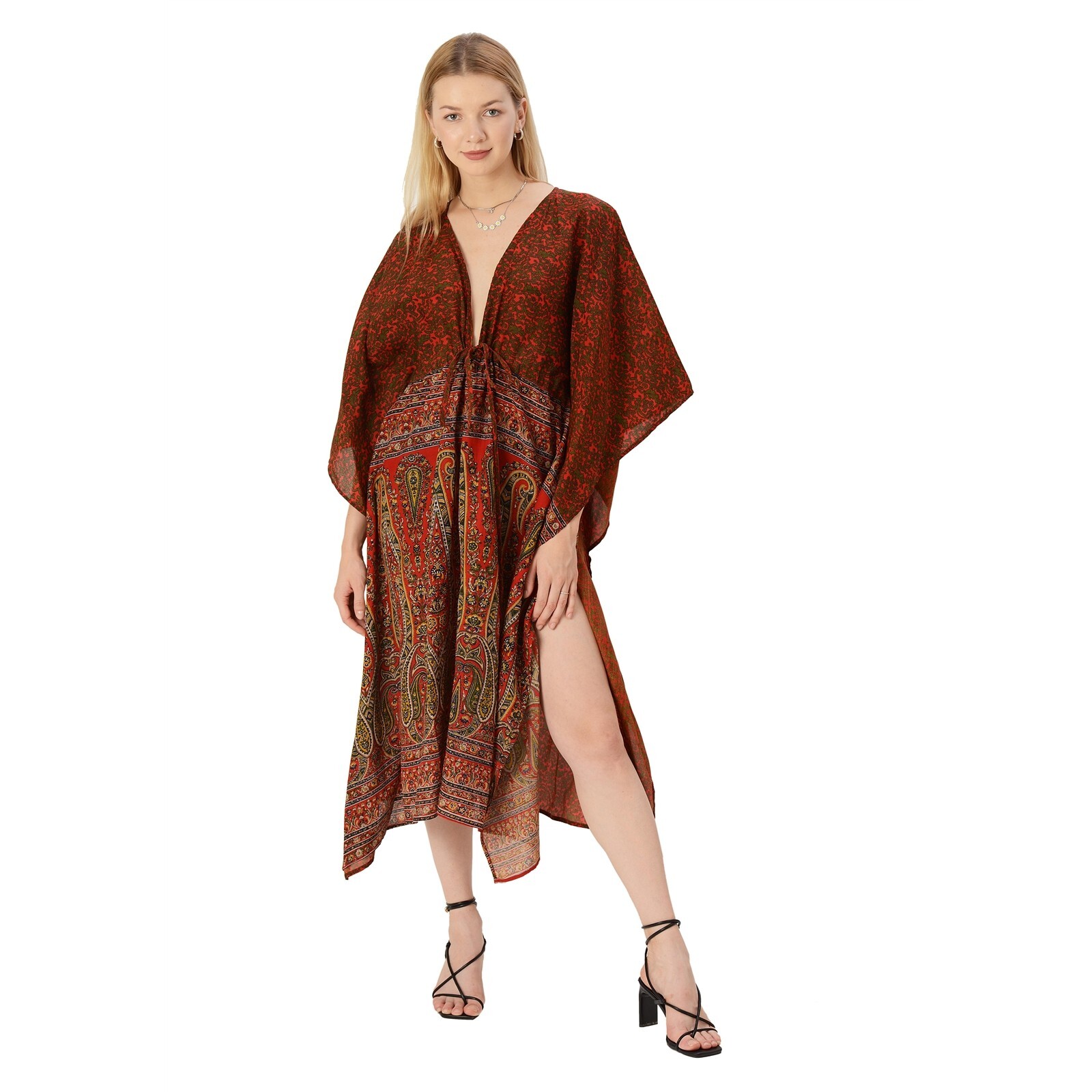 Limited Edition Sanskriti India Red Drawstring Kaftan Pure Crepe Silk Free Size