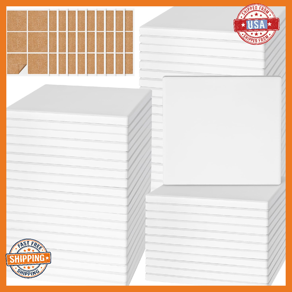 GOH DODD 60 Pack Ceramic Tiles for Crafts, Unglazed Blank Coasters, Cork Backing