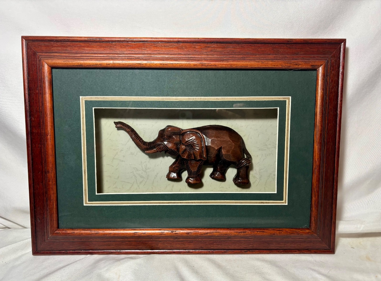 VTG  Carved Wood  Elephant Trunk Up  in a Framed Matte 3D Shadowbox Shadow Box