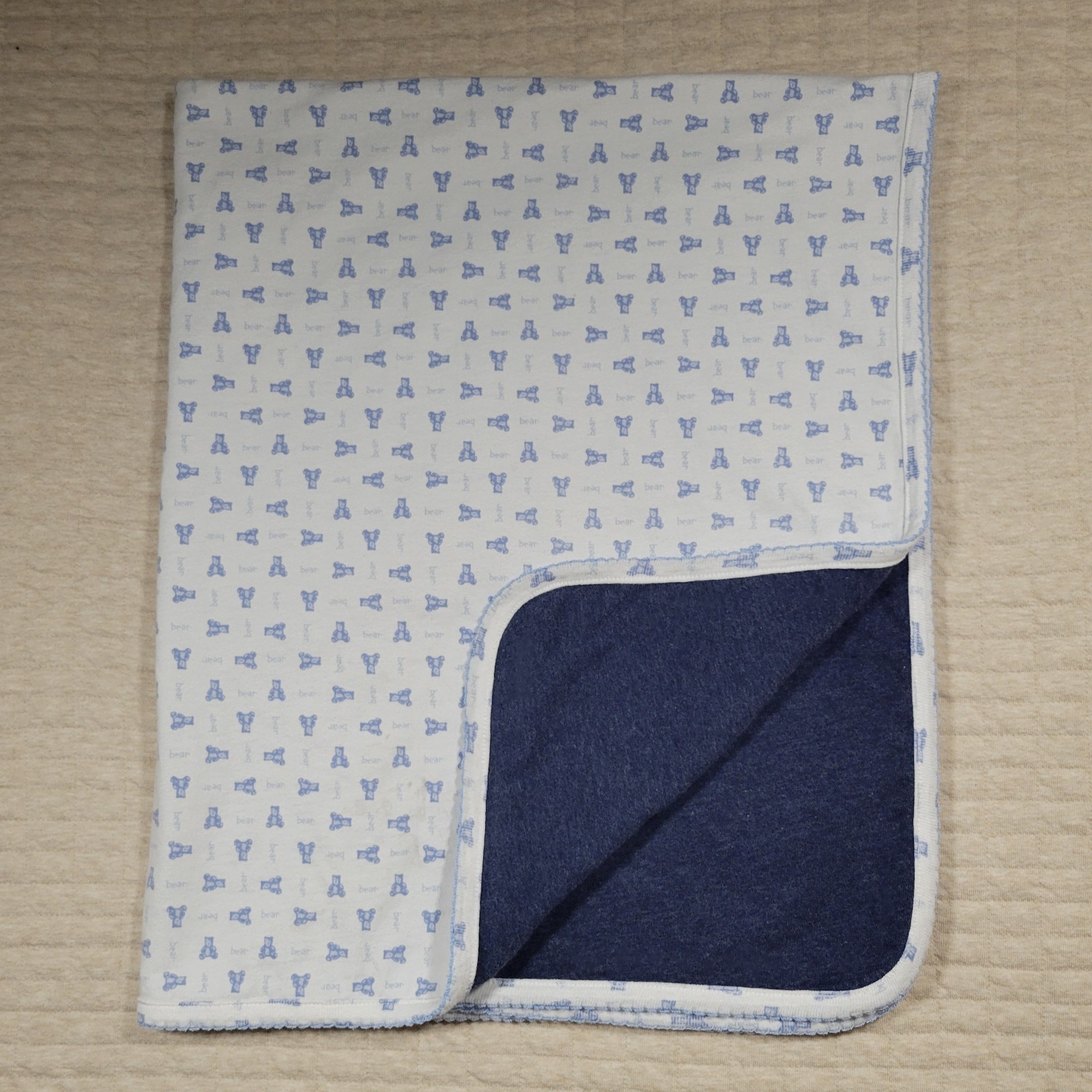 Gap Blue Bear Baby Blanket Receiving Dark Navy Reversible White 35" x 28"