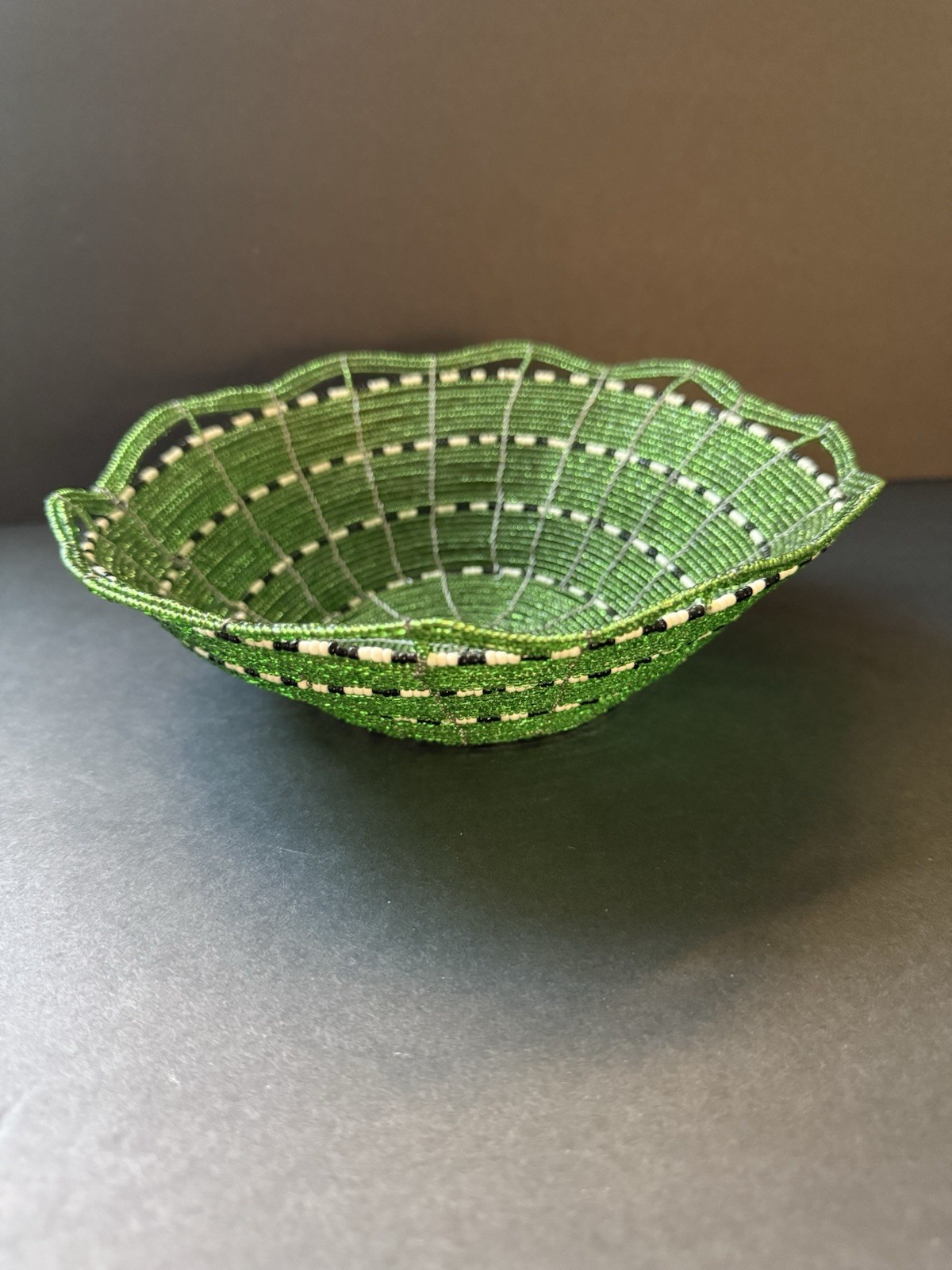 Kenya Tanzania Masai African Glass Seed Bead Handmade Wire Basket Bowl 9” Artsy