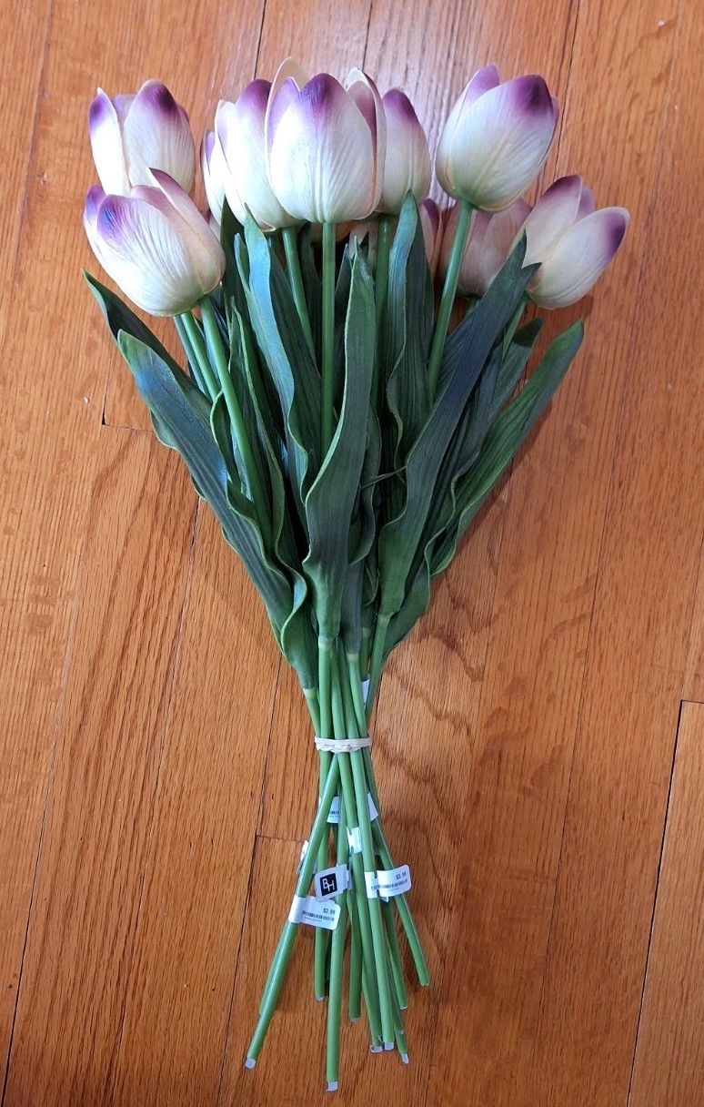 Bundle Of  13 Artificial "Real Touch" Tulips Purple And Cream Wedding Home Decor