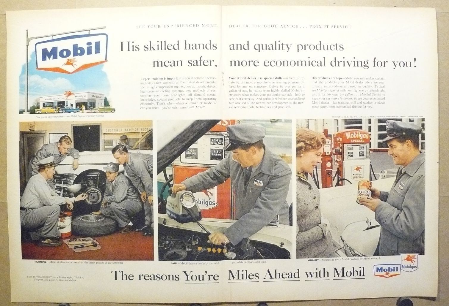 1958 Mobil Oil Vintage Print Ad Gas Station Attendant Pegasus Pump 1950s Car