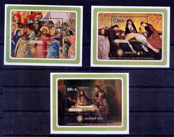 Easter, Religious Painting, Pilgrims of Emaus Rembrandt, Aitutaki 1978 MNH 3 MS 