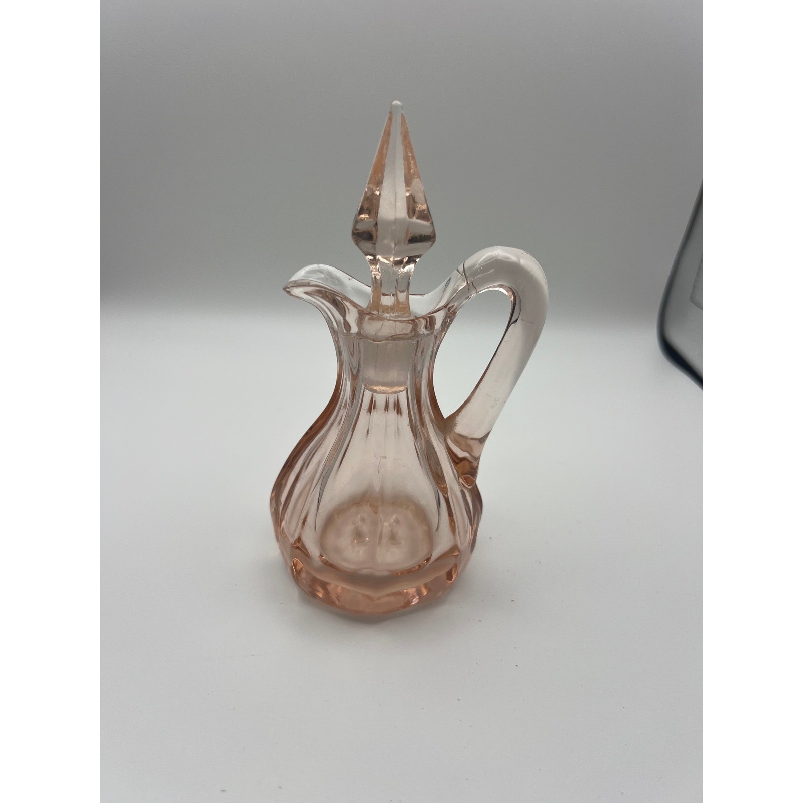 Vintage Pink Depression Glass Cruet w/ Stopper Ribbed Paneled Vinegar Oil Bottle