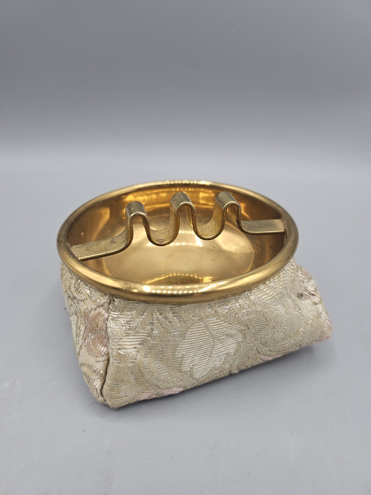 Vintage Beanbag Ashtray Shiny Brass Copper Flower Fabric Beautiful Bean Bag