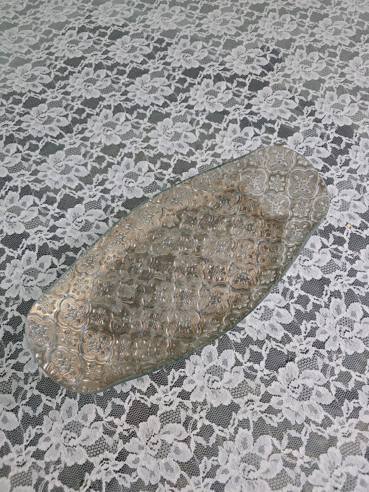 Vintage MCM Rosettes Pattern Glass Gold Flashed Serving Dish Boat Tray 11"x5.5"