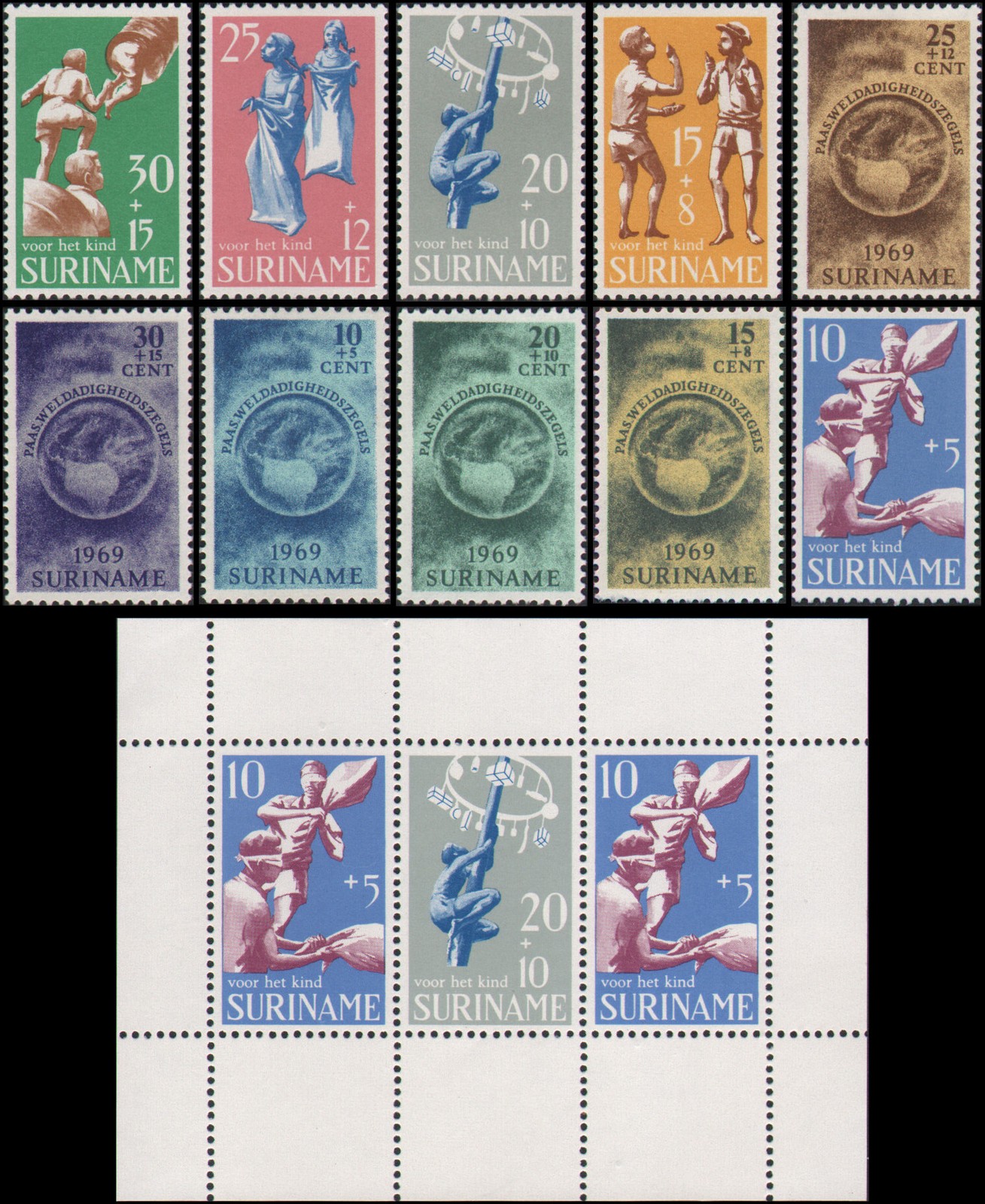 Surinam #B152-B161 1969 semi-postal year set, mixed MNH and MH