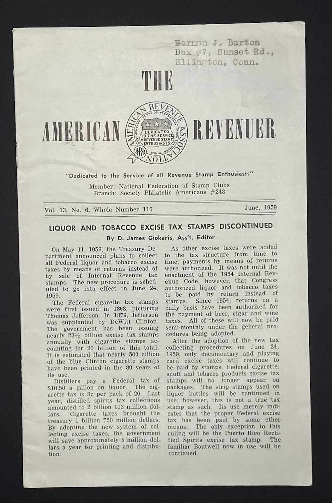 The American Revenuer Volume 13 No 6  Whole No 116 June 1959 Stamp Ephemera