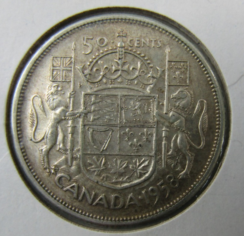 CANADA, 50 CENTS, QEII,  SILVER, 1958