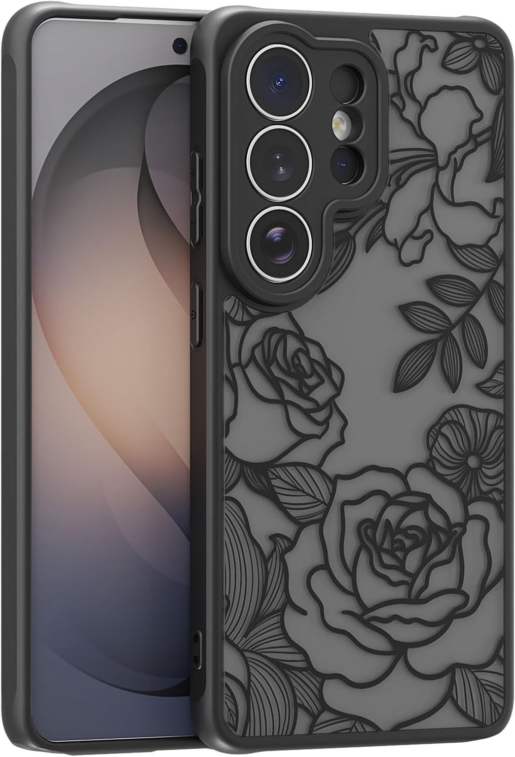 Samsung Galaxy S26 Ultra Case, Cute Floral Black Rose Pattern Slim Protective Co