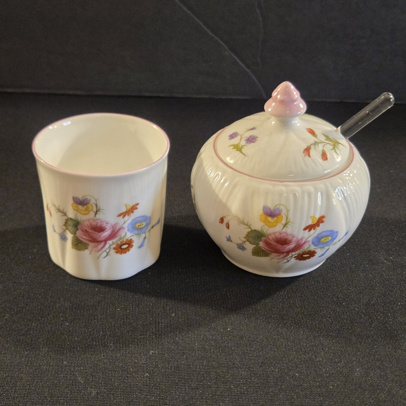 Vintage Shelley England Mustard Cup + Glass Spoon+Sugar Cup Floral Dainty Fine