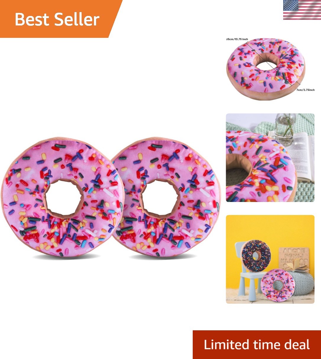 Round Throw Pillow 14 Inch Pink Donut, 3D Digital Print Decorative Comfortabl...