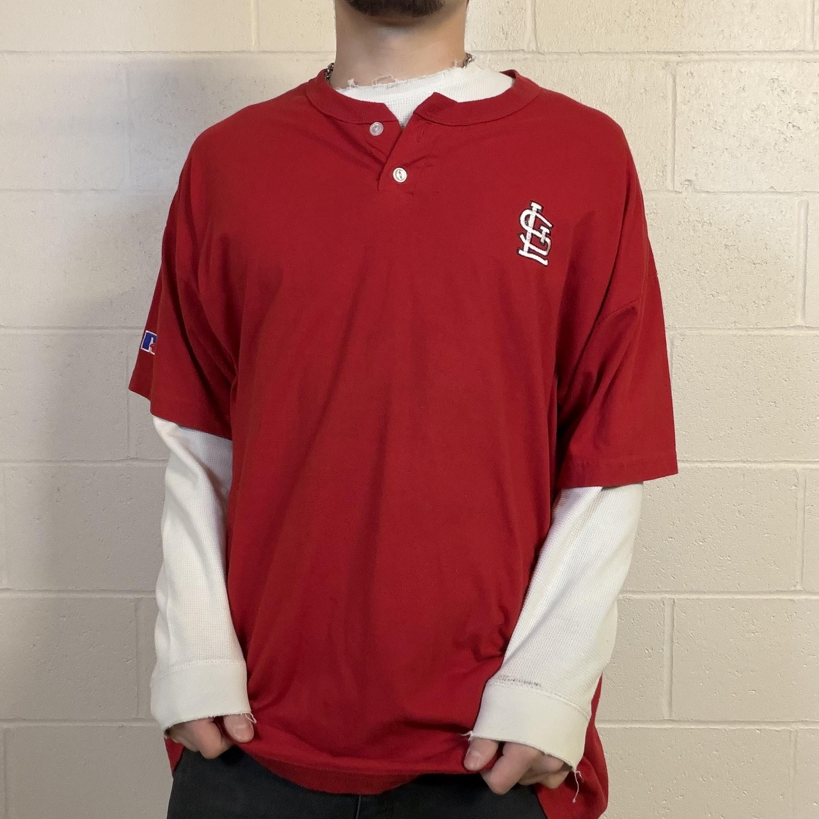 Vintage St Louis Cardinals Shirt 2XL Red MLB Baseball Russell Athletic Henley