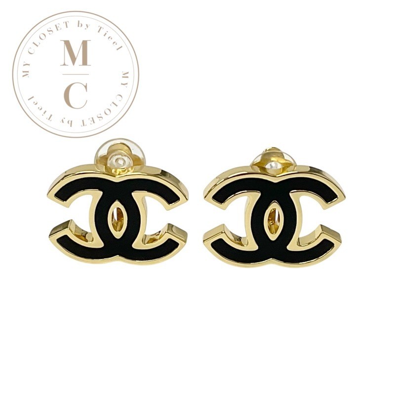 CHANEL Earrings Gold Black Coco Mark