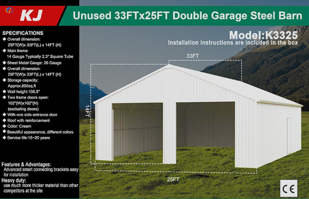 33' x 25'x 14' Metal Car Garage/Outdoor Storage Shed/Heavy Duty Galvanized Steel