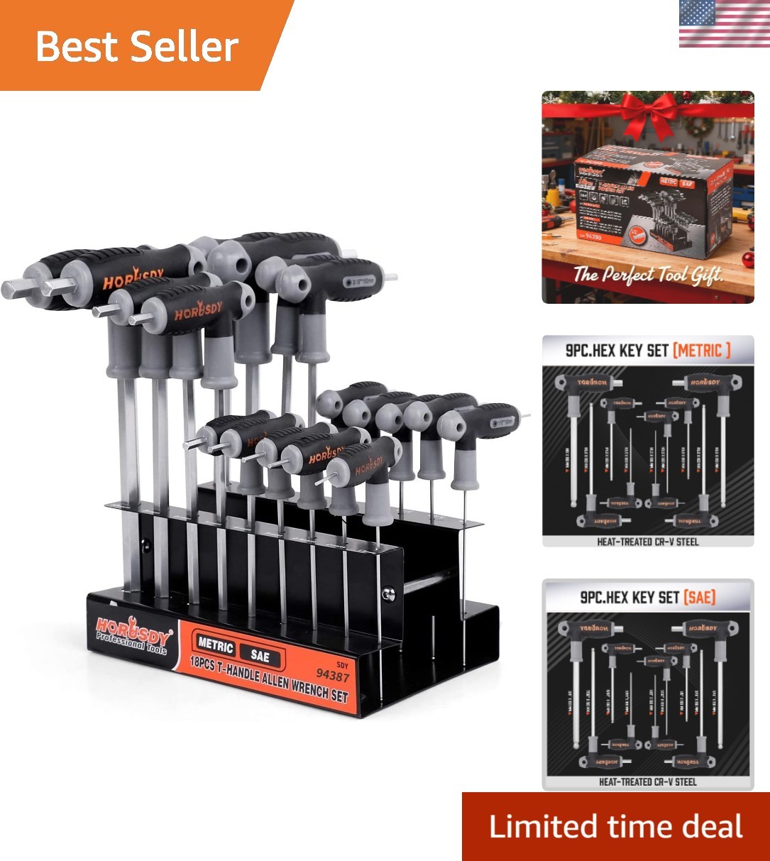 18-Piece T-Handle allen wrench set, Inch/Metric Long Arm Ball End Hex Key Wre...