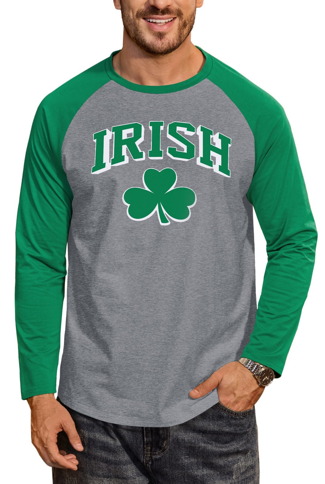 Man Irish Clover Long Sleeve Raglan Shirt Saint Pattys Grey Shamrock Novelty Pri