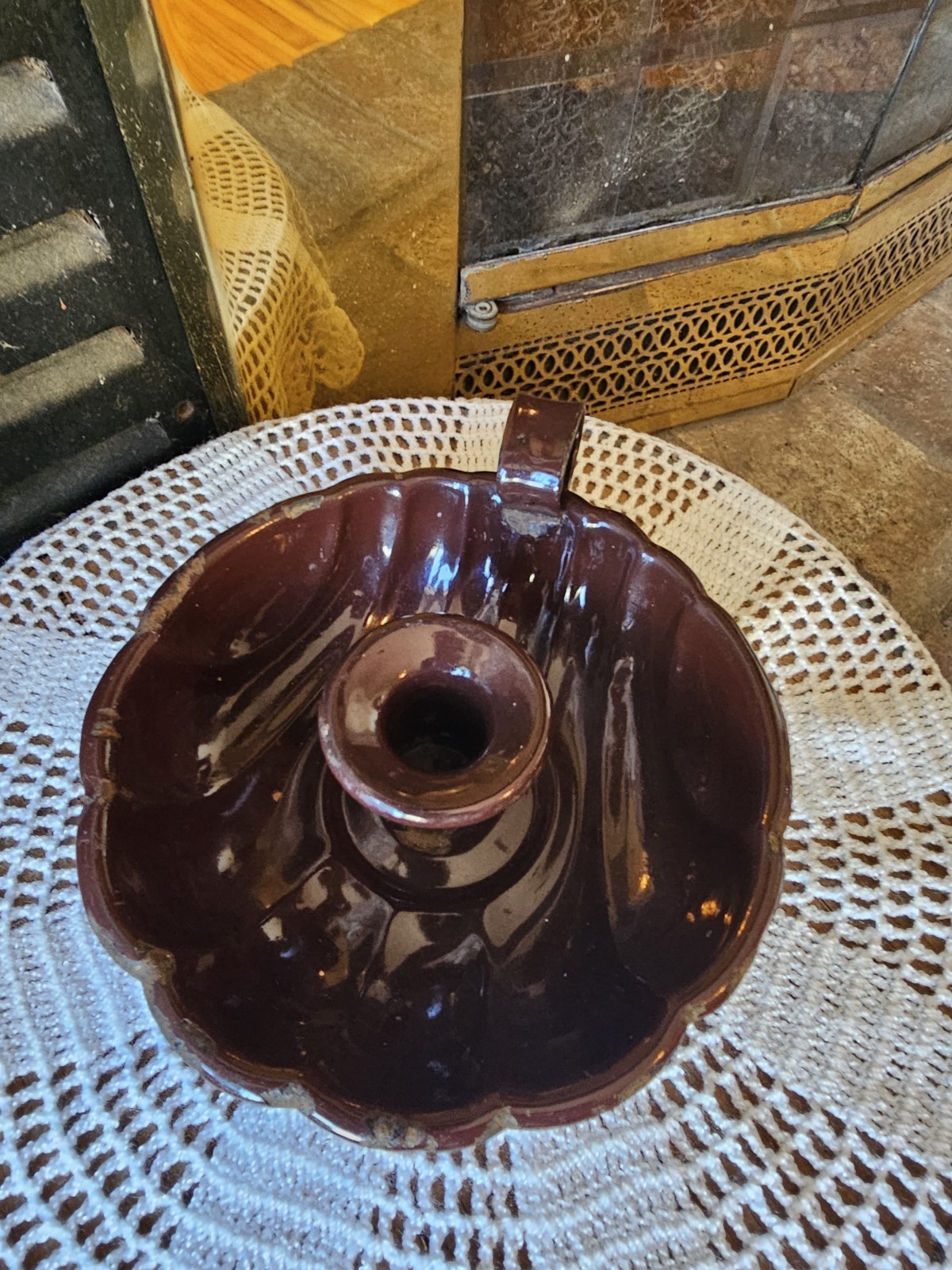 Chamberstick Candle Holder Brown Graniteware Enameled VINTAGE Wee Willie Winkie!