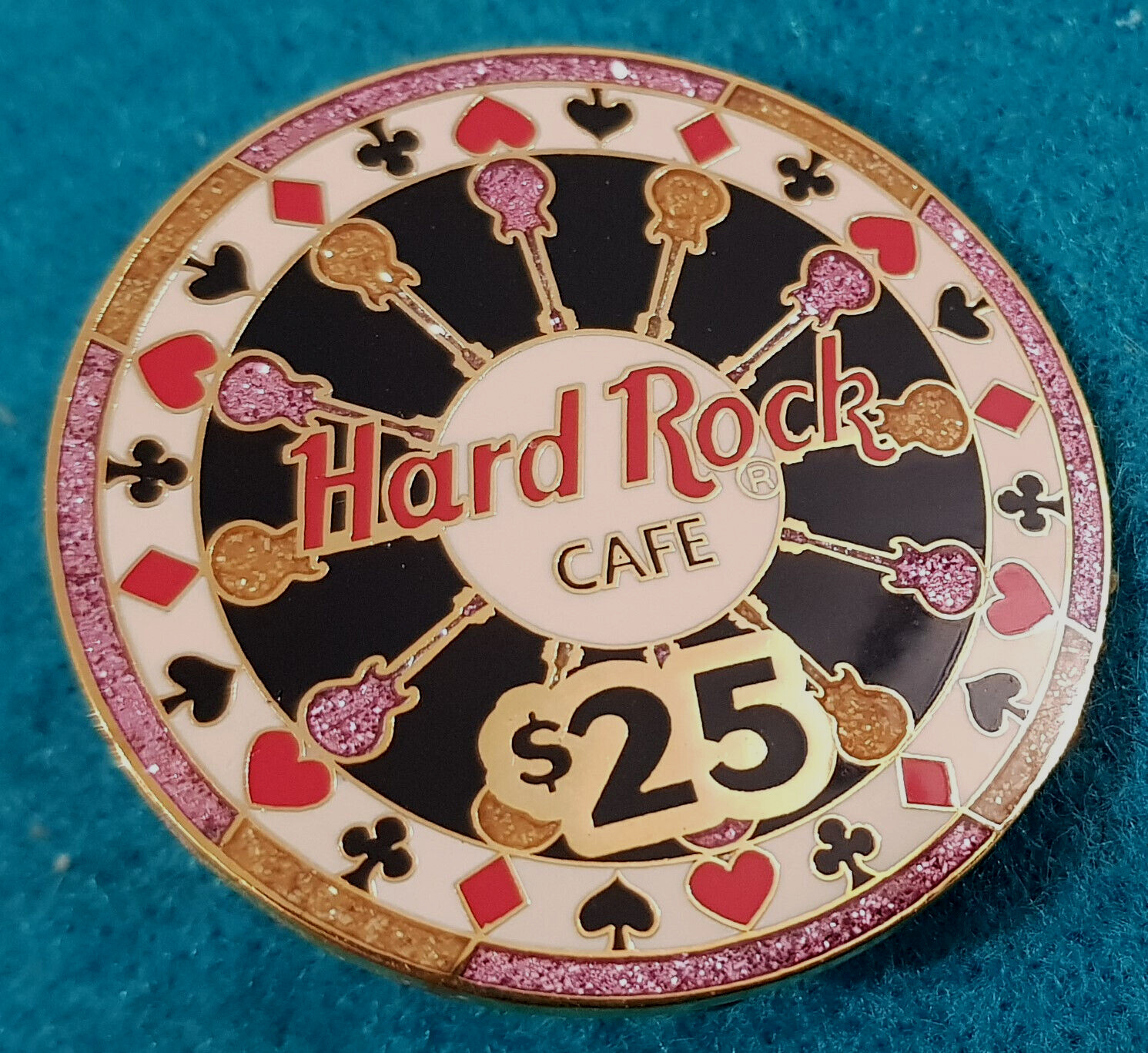 ONLINE HRO CASINO GUITARS ROULETTE WHEEL  $25 POKER CHIP Hard Rock Cafe PIN LE