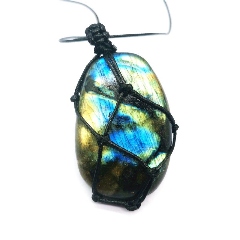 Natural Moonstone Labradorite Rough Stone Pendant Necklace Hand-woven Labradorit