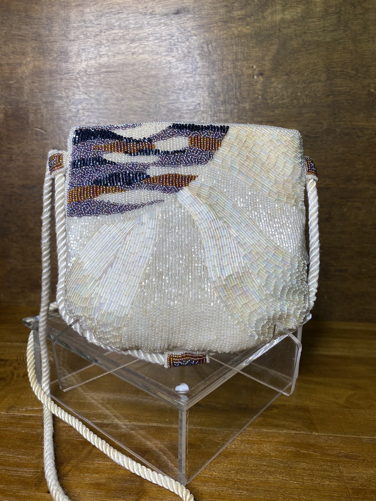 Vintage Beaded Purse White Purple Iridescent Seed Beads 80s
