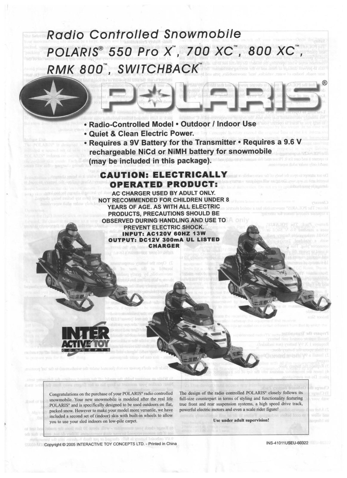 MANUAL INSTRUCTIONS COPY FOR POLARIS RADIO CONTROLLED SNOWMOBILE 550 700 800 SB
