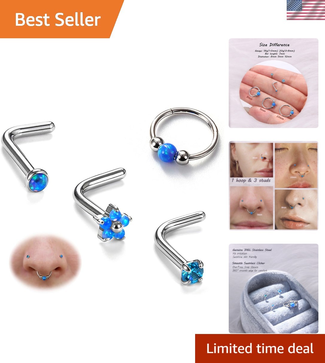 Opal Nose Rings for Women - 316L Surgical Steel Nose Hoops Piercing 20G 18G 1...