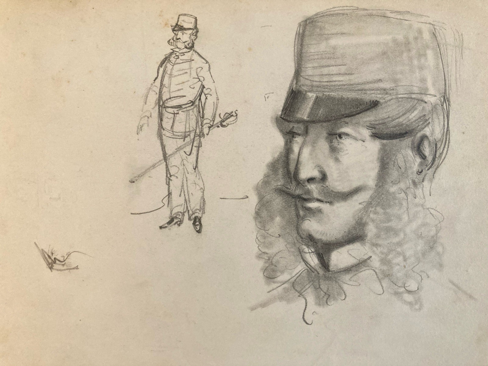 Original XIXth Century Male Pencil Drawing 1850 Art Study