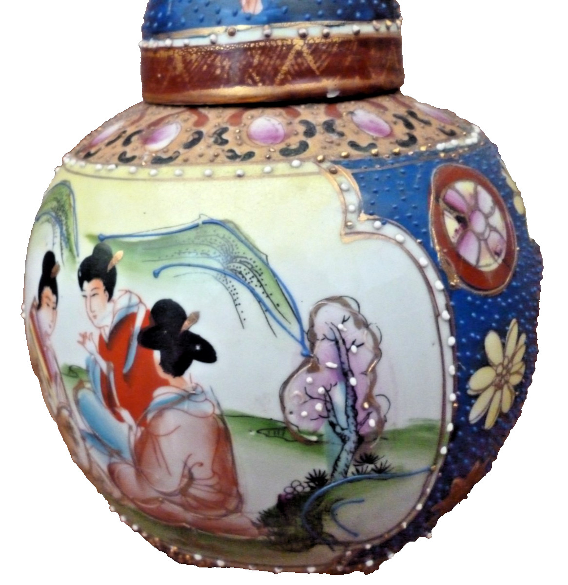 Vintage Mid Century Satsuma Moriage Ginger Jar Hand Painted Geishas Gold Accents