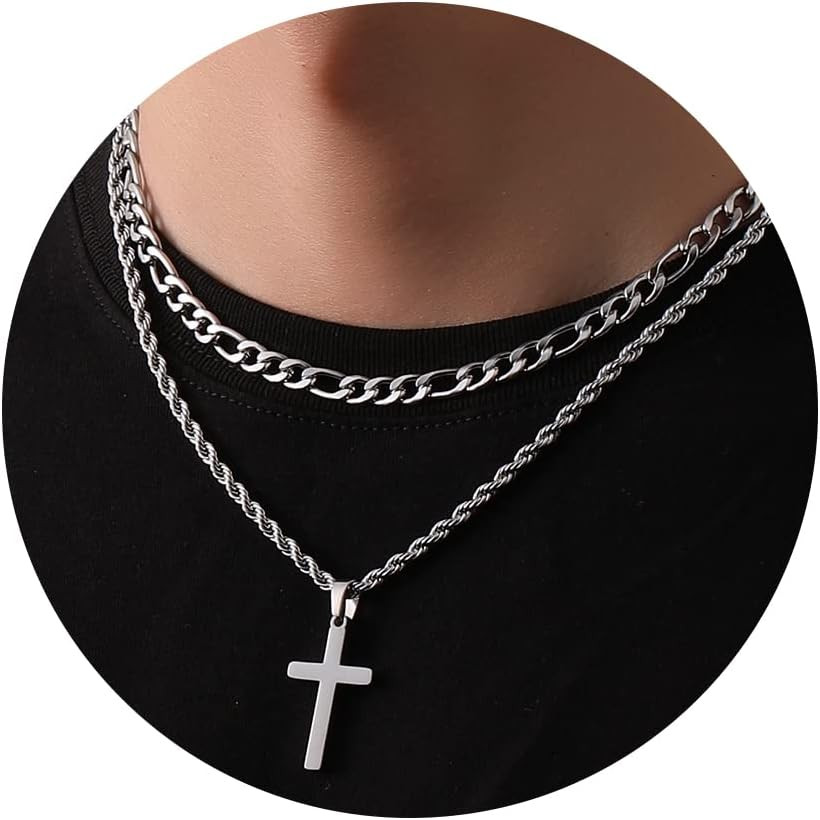 Layered Cross Necklace with Chain for Men Boys, Stainless Steel Cross Pendant Fi