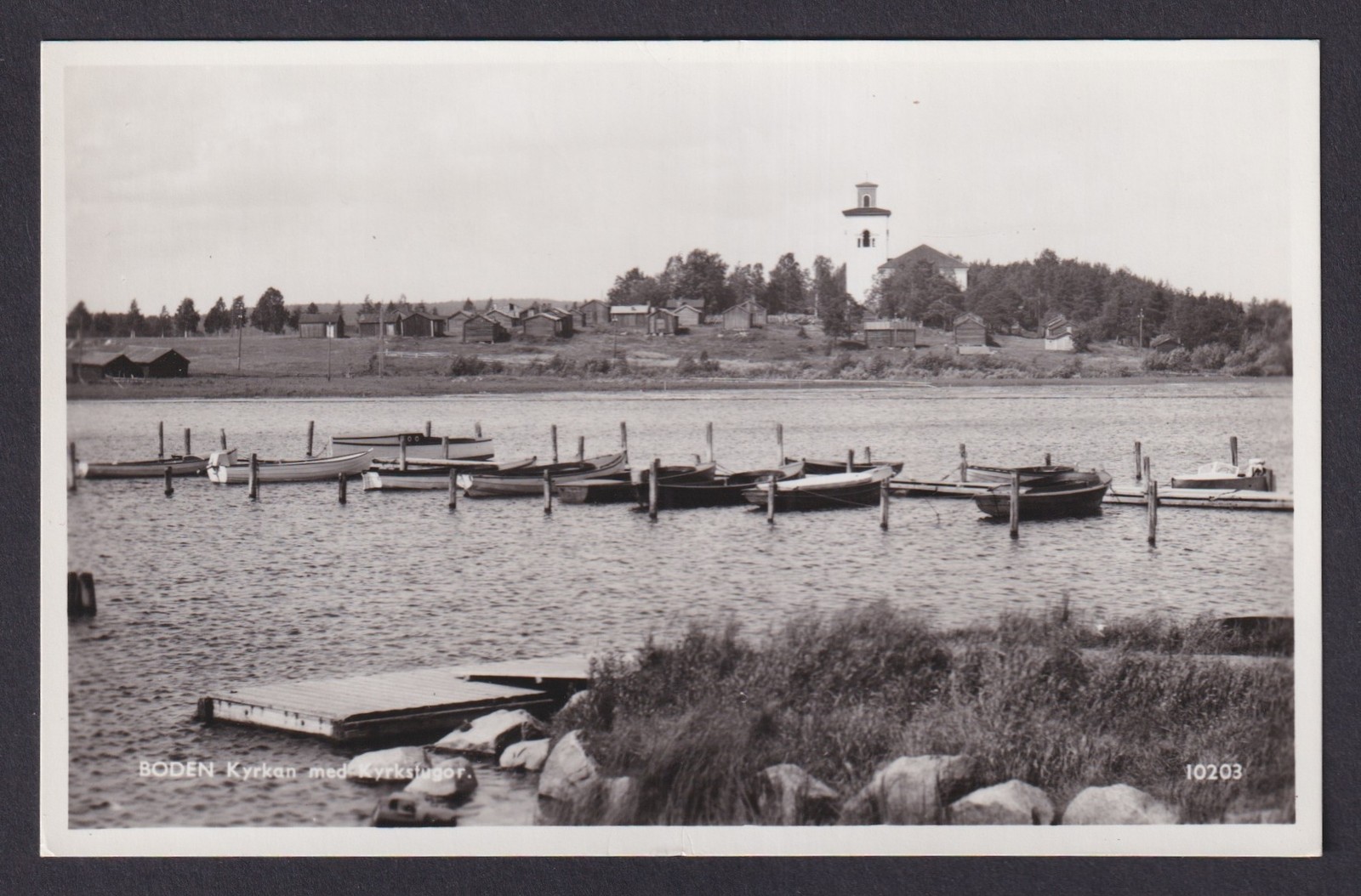 Vintage postcard Boden Sweden church Kyrkstugor boats harbor Norrbotten