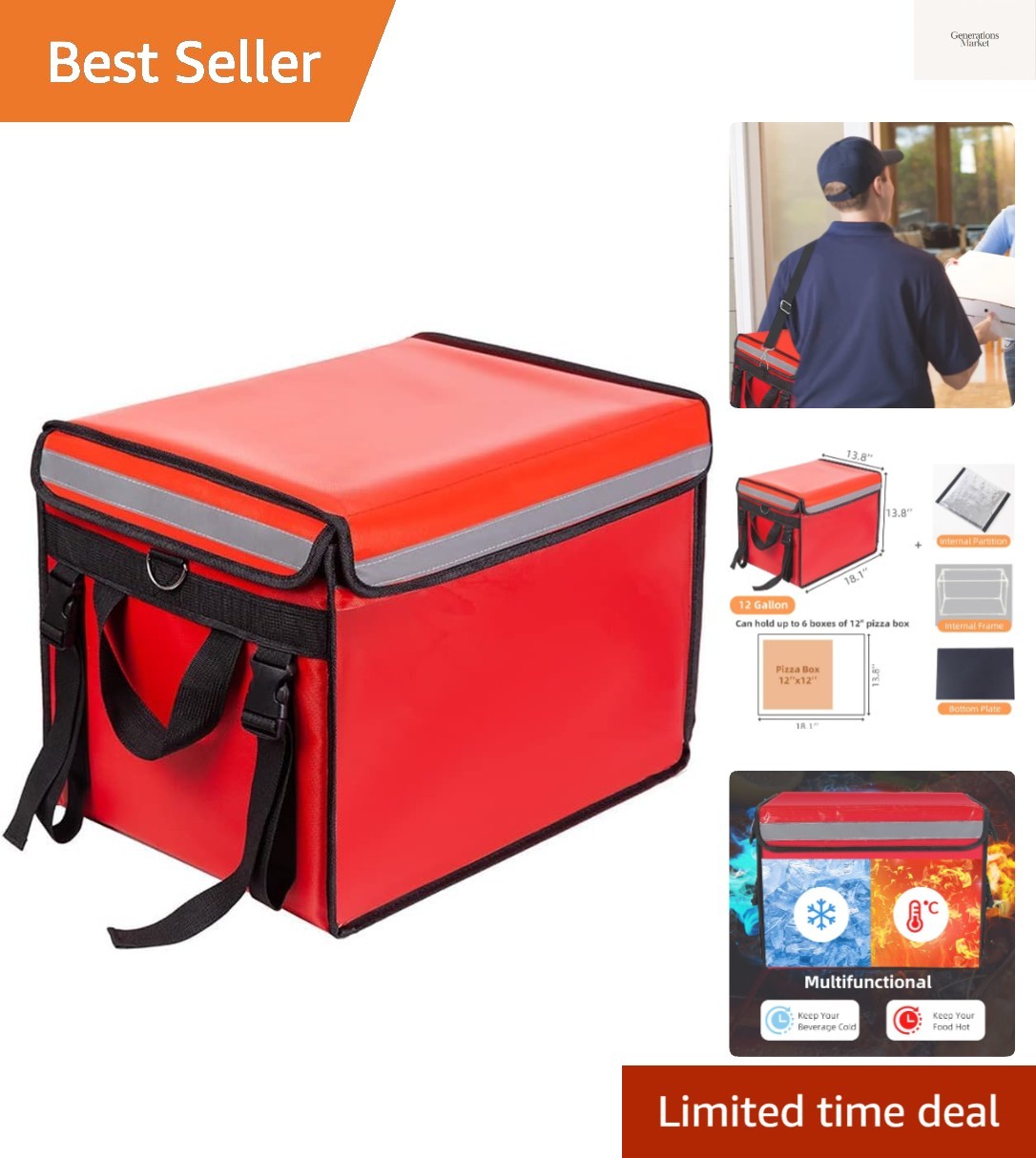 Red Insulated Bags For Food Delivery XL - 18.1" x 13.8" x 13.8", Commercial I...