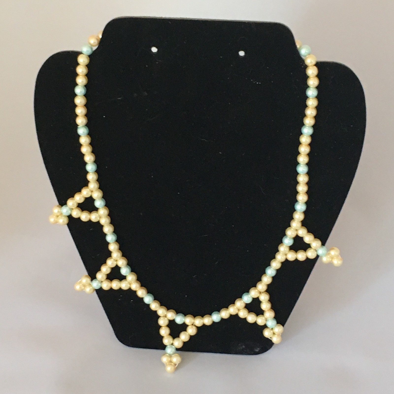Handmade Light Gold & Aqua Glass Pearl Beaded Necklace