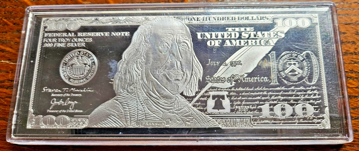 4OZ 2022 BEN FRANKLIN $100 Federal Res Note .999 Fine Silver Proof in CLEAR CASE