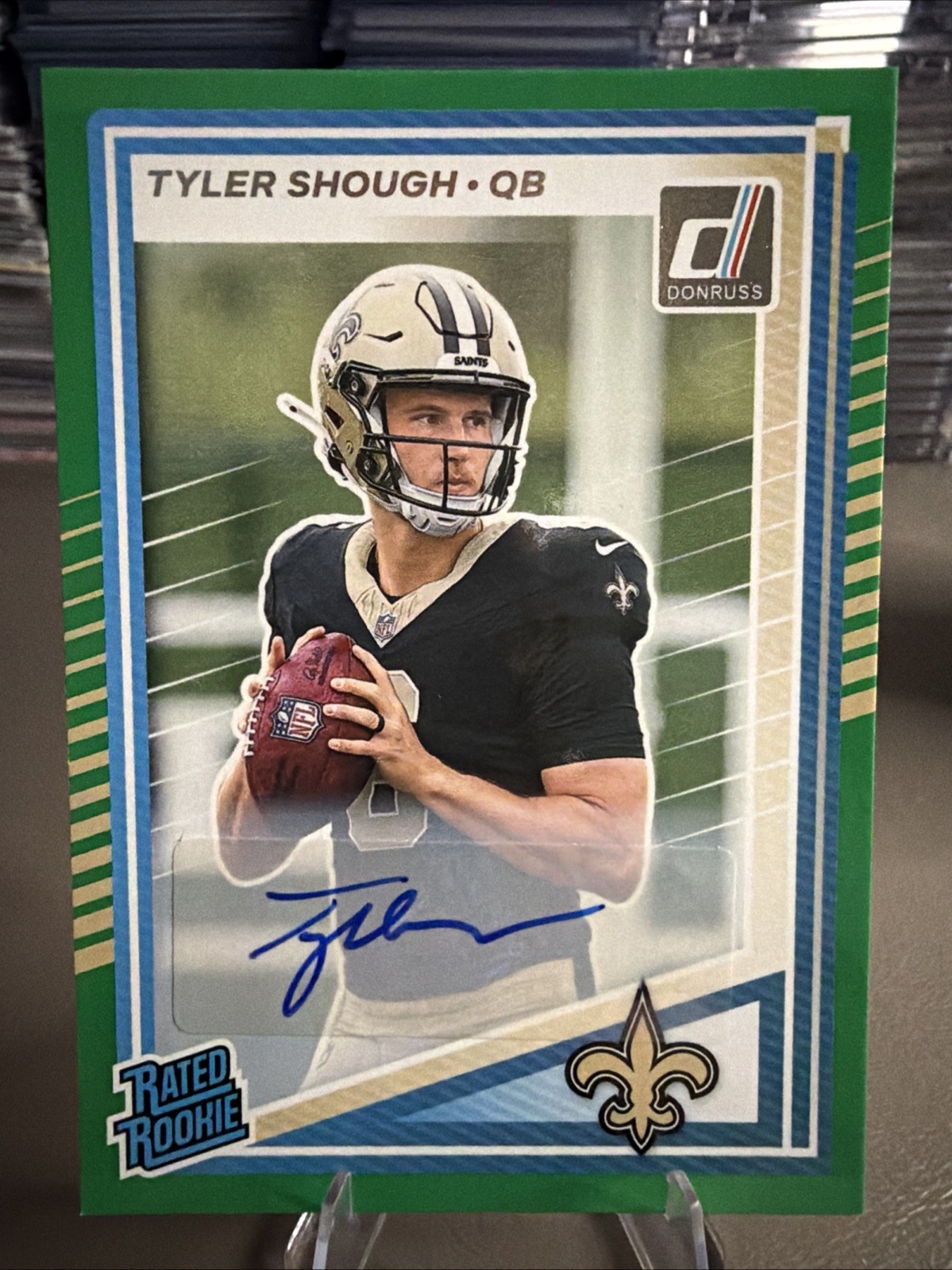 2025 Panini Donruss Tyler Shough Green Auto Rated Rookie Card Saints QB #304