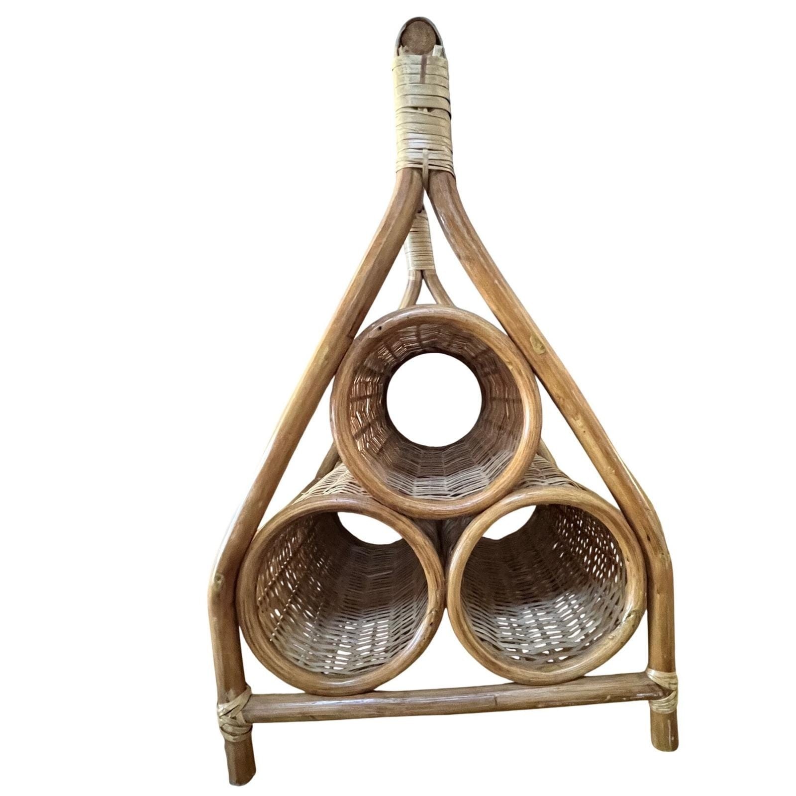 Vintage Boho Rattan and Wicker wine rack or holder. storage 3 bottle