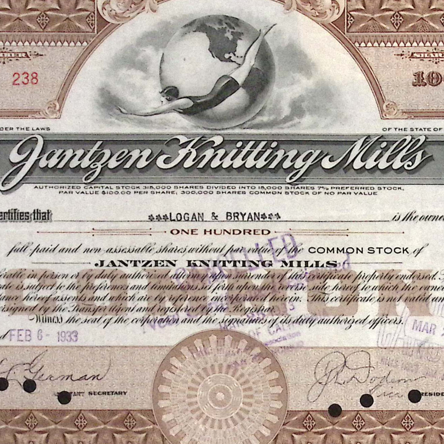 1933 Jantzen Knitting Mills Swimsuits Diver Vignette  Capital Stock 100 Shares