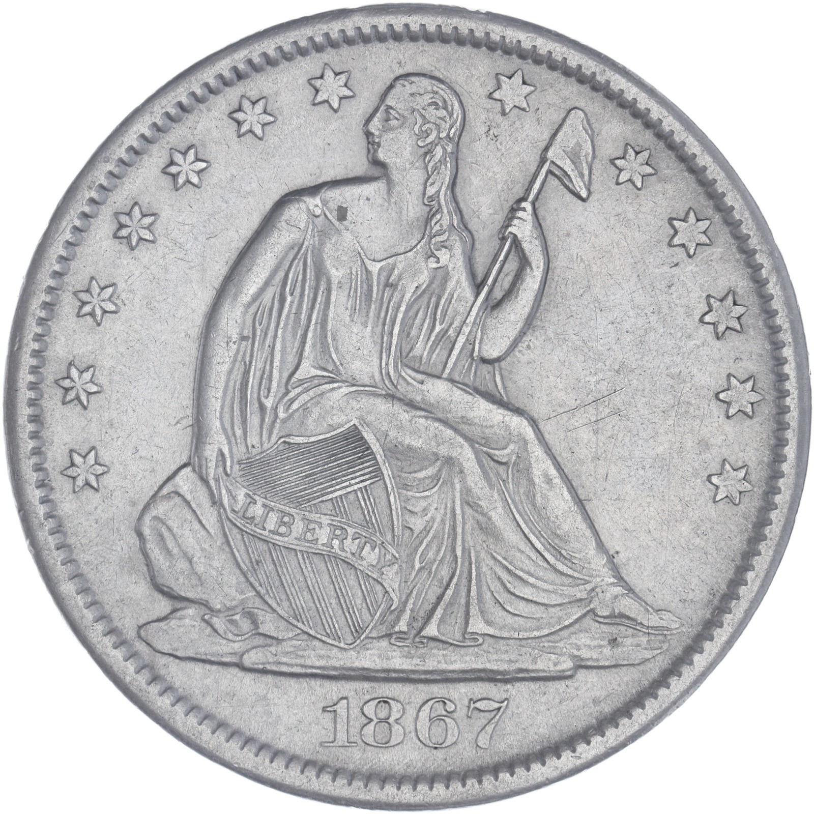 1867 S Seated Liberty Half Dollar About Uncirculated 90% Silver See Pics M566