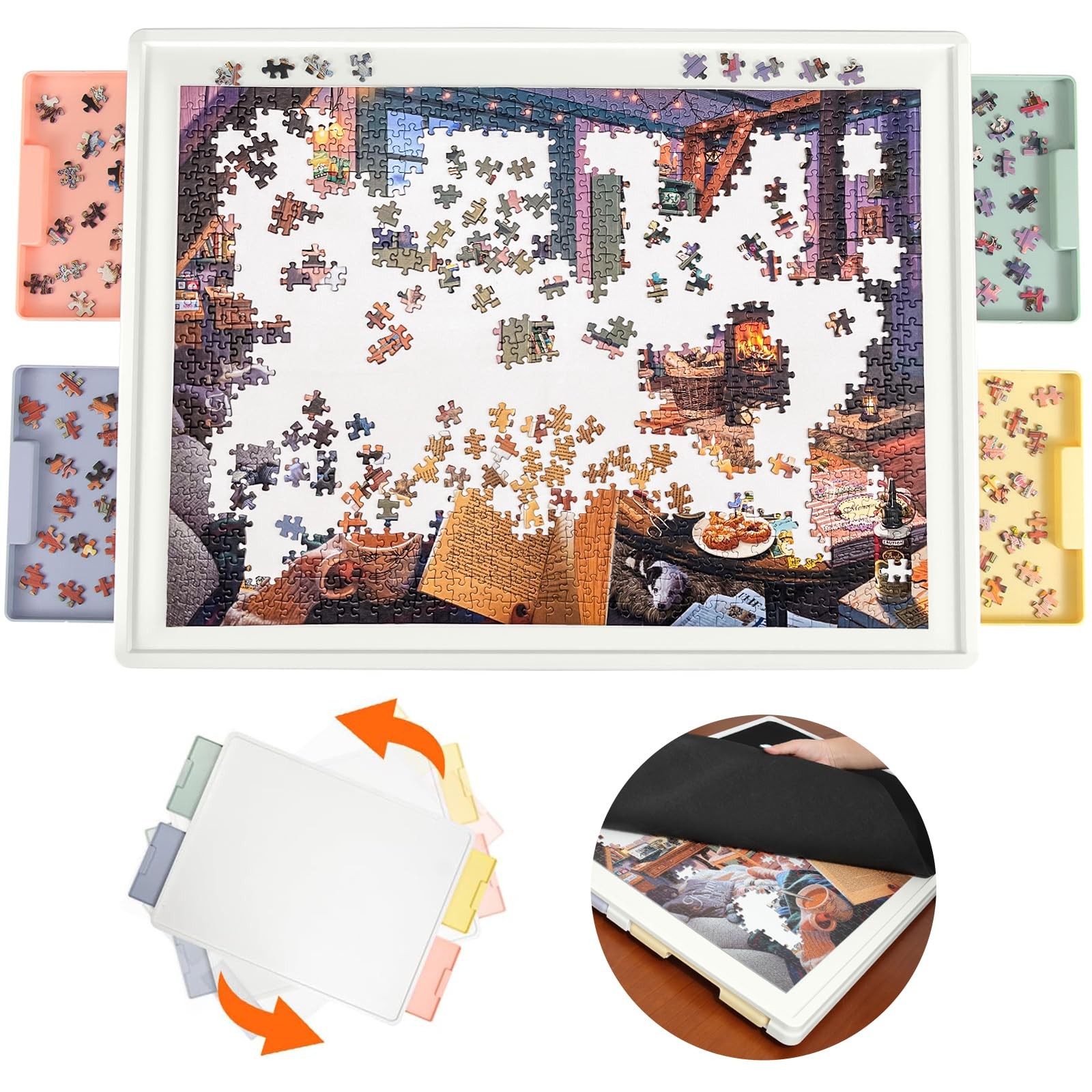 1000 Pieces Rotating Plastic Puzzle Board with Drawers and Cover, 30"x22" Por...