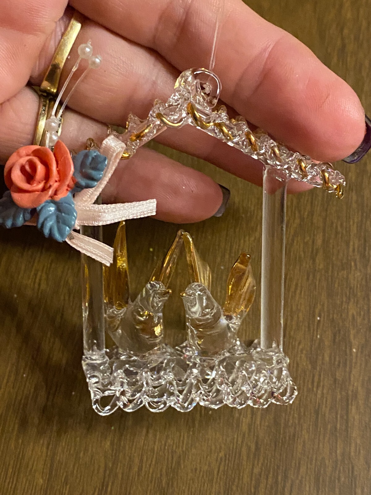 Vintage Spun Glass Clear Bird House w 2 Doves  Christmas Ornament 2 3/4"