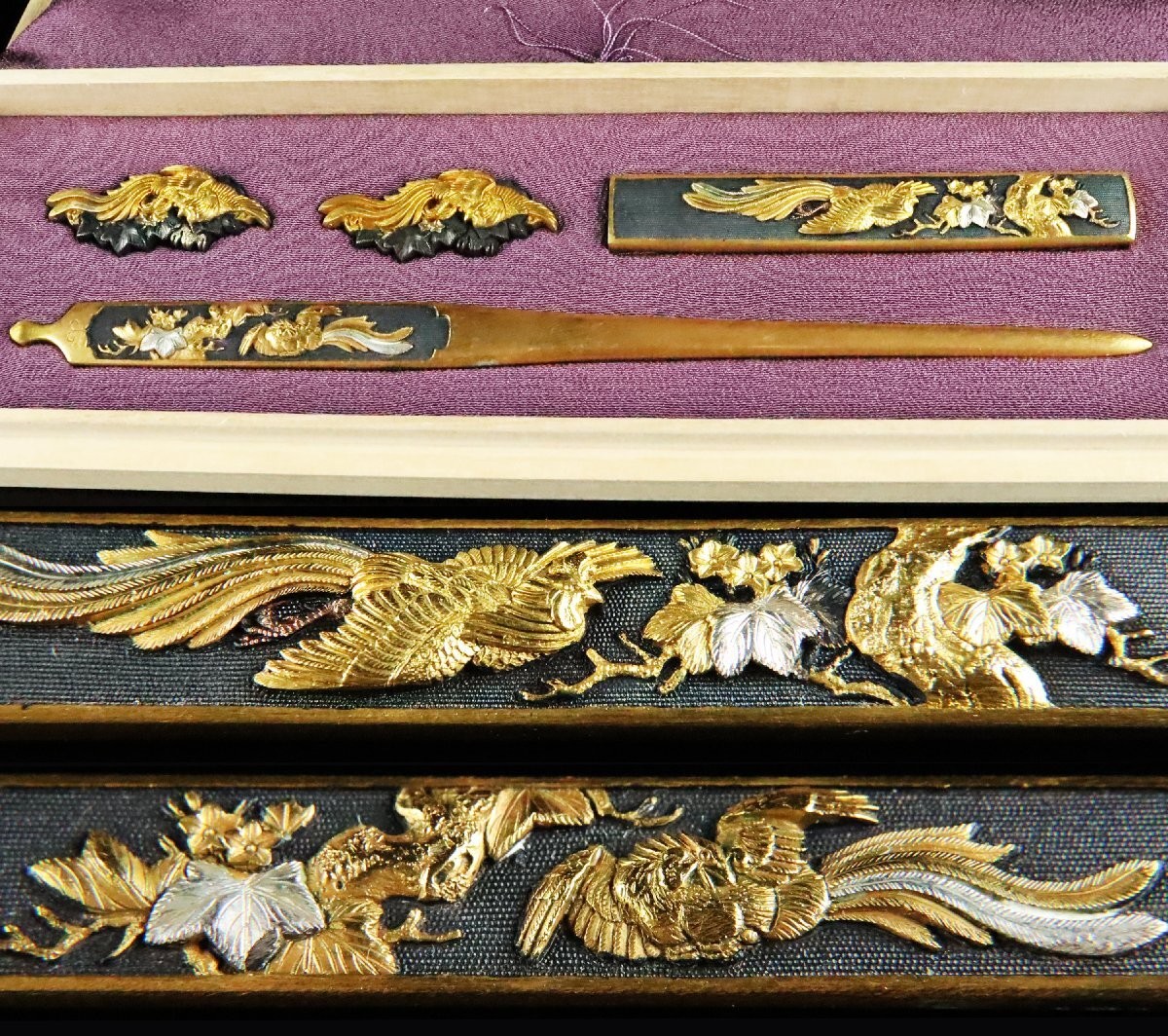 Edo Period Japanese Kozuka, Kogai & Menuki Set Phoenix Motif, Red Copper Antique