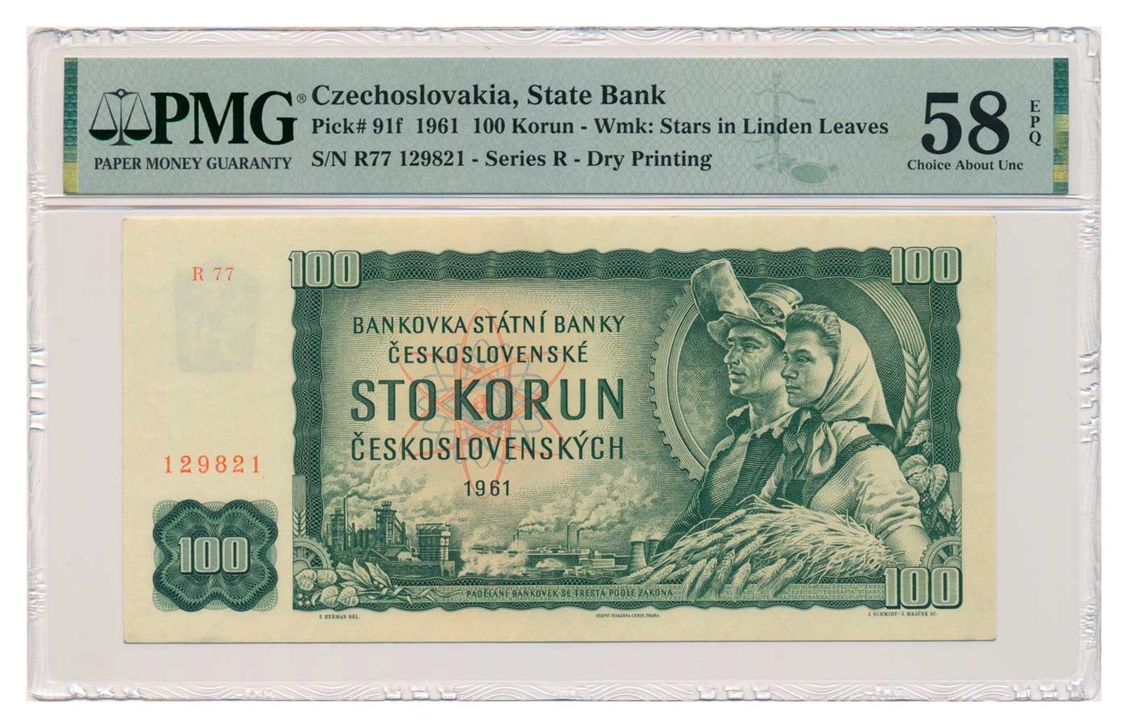 CZECHOSLOVAKIA banknote 100 Korun 1961 serie R 77 PMG AU 58 EPQ Choice About Unc