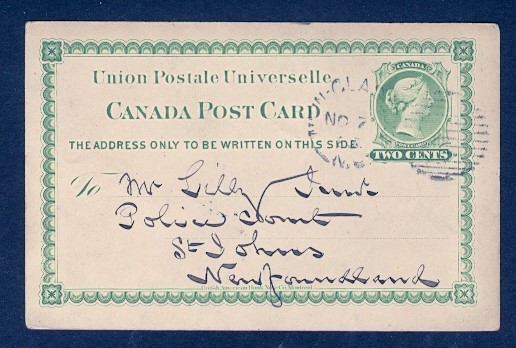 CANADA #P4 2c QV UPU POSTAL CARD 1886 TO NEWFOUNDLAND