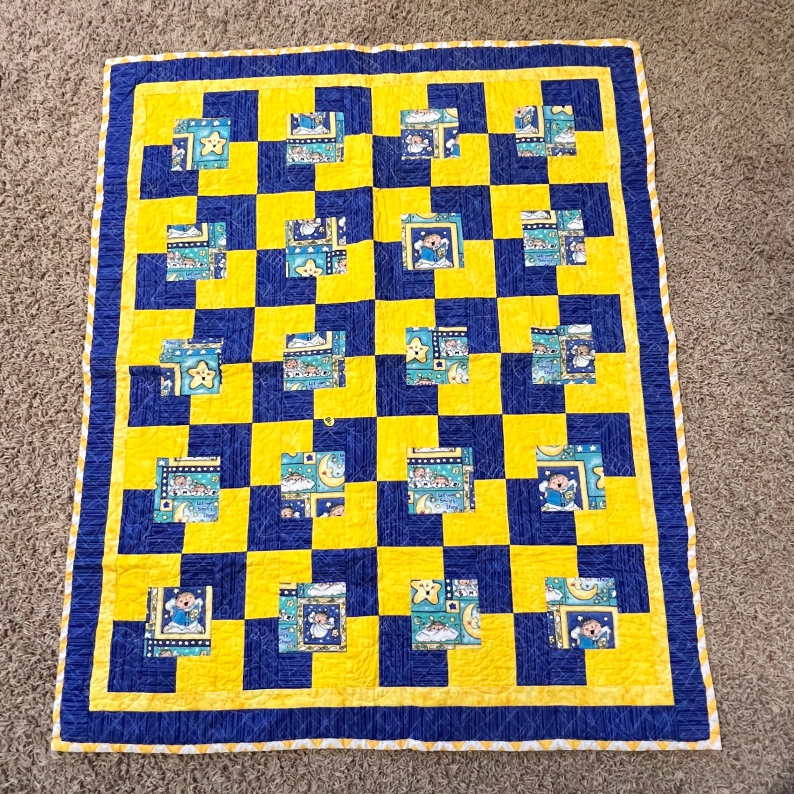 Baby Quilt Yellow Blue Moon Stars Angels Chevron Handmade Toddler Bedding