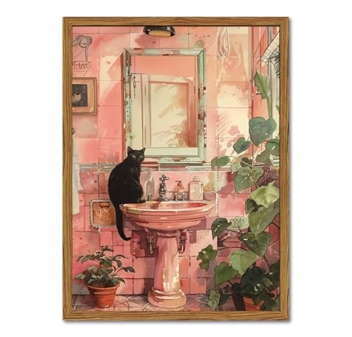 Framed Funny Bathroom Black Cat Wall Art, Vintage Cute 16"L x 12"W Vintage Cat