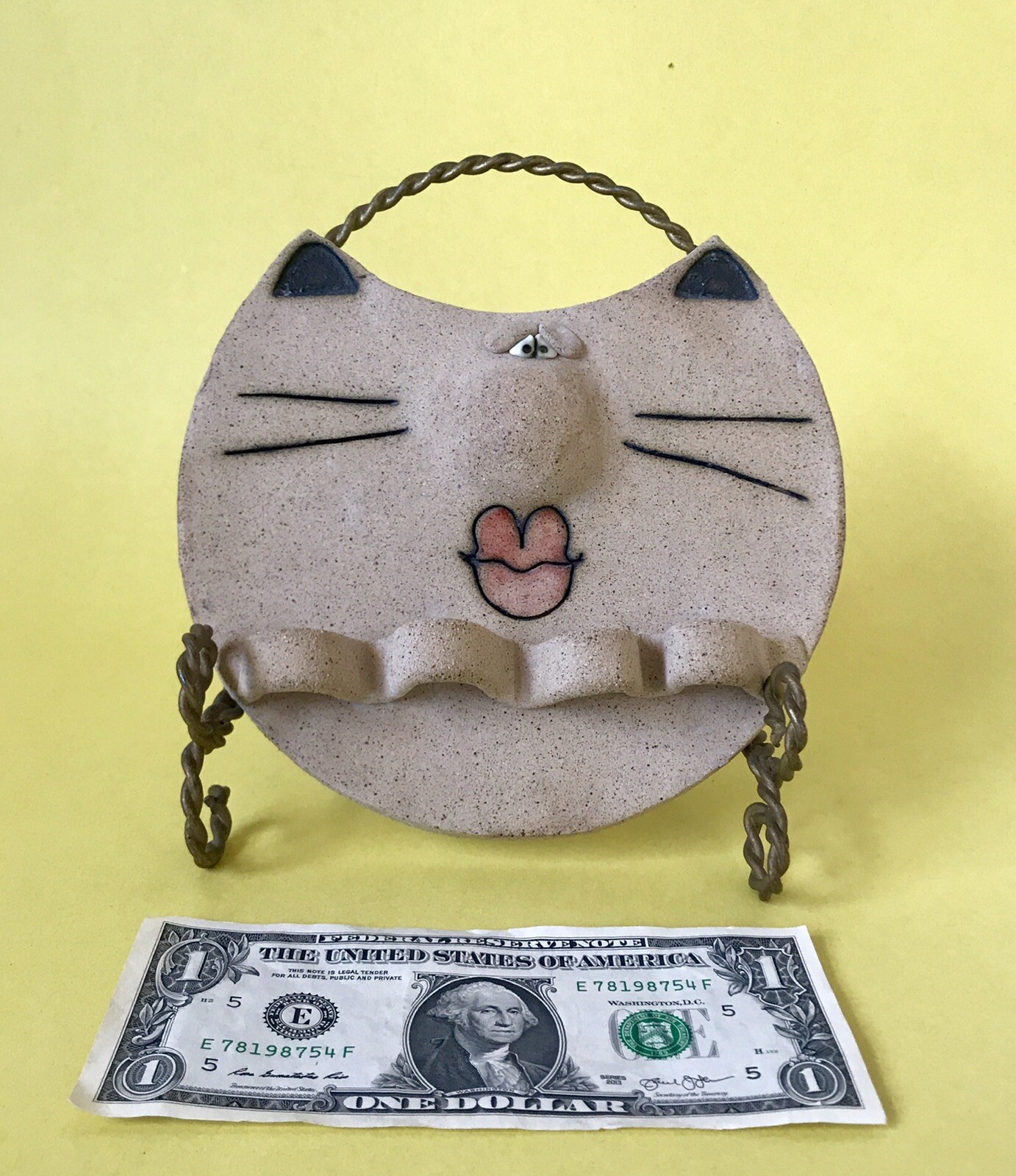 😻70’s Hippie Funky Preowned Handmade Clay Pussy Cat Toothbrush Holder BOHO VTG