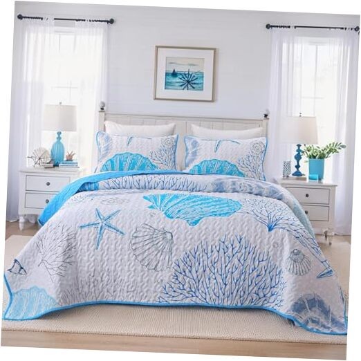 Coastal Quilt Set Beach Coverlet Blue Starfish Coral Seashell Queen Light Blue