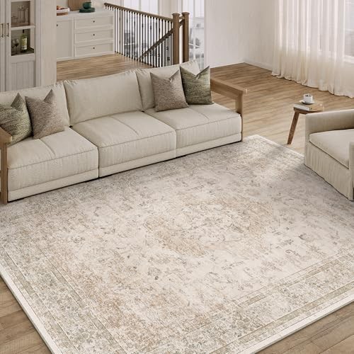 6x9 Washable Area Rug Beige Vintage Distressed Large Rug for Living Room 