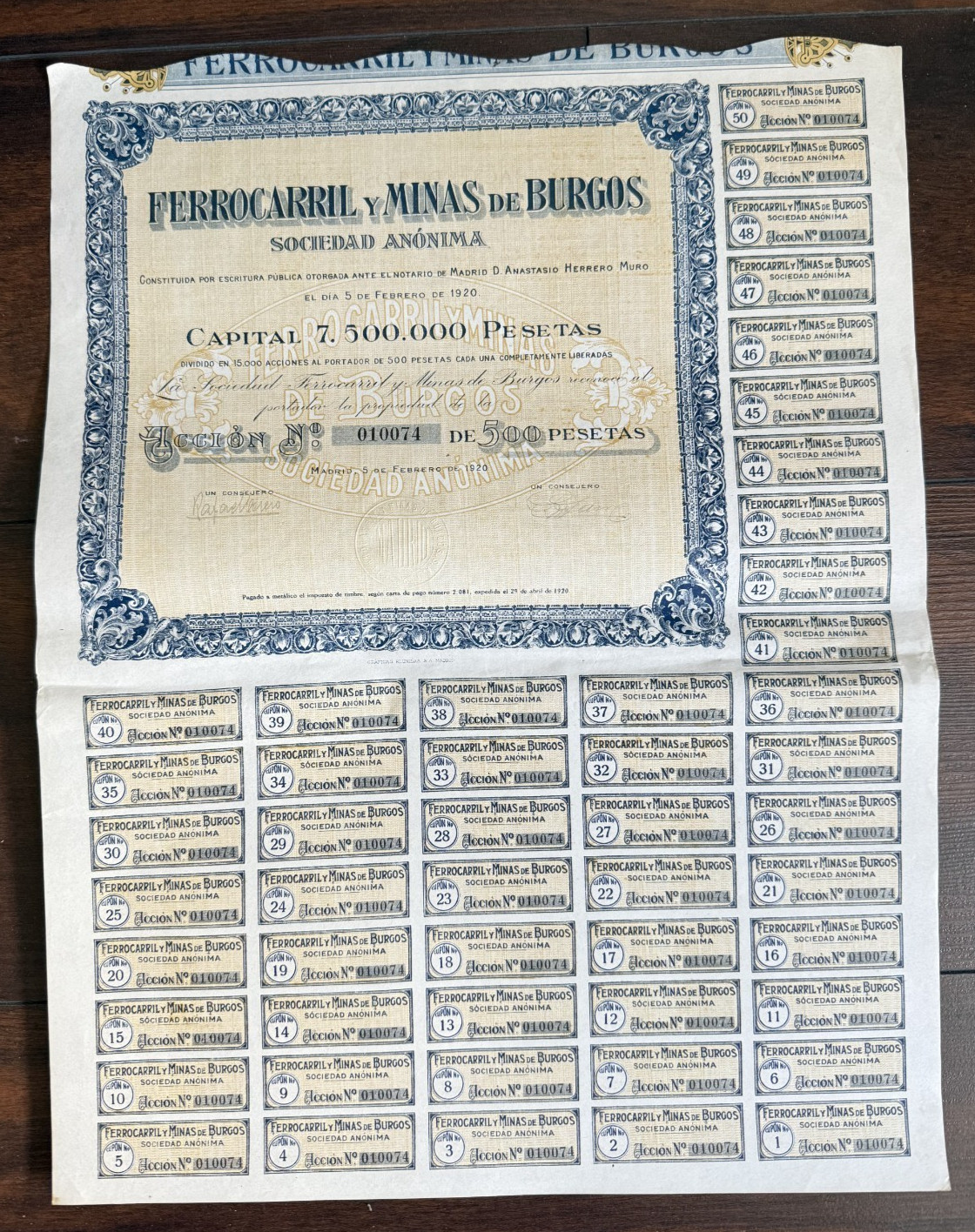 SPAIN. 1920 FERROCARRIL  Y MINAS de BURGOS  BOND CERTIFICATE  COMBINE SHIPPING